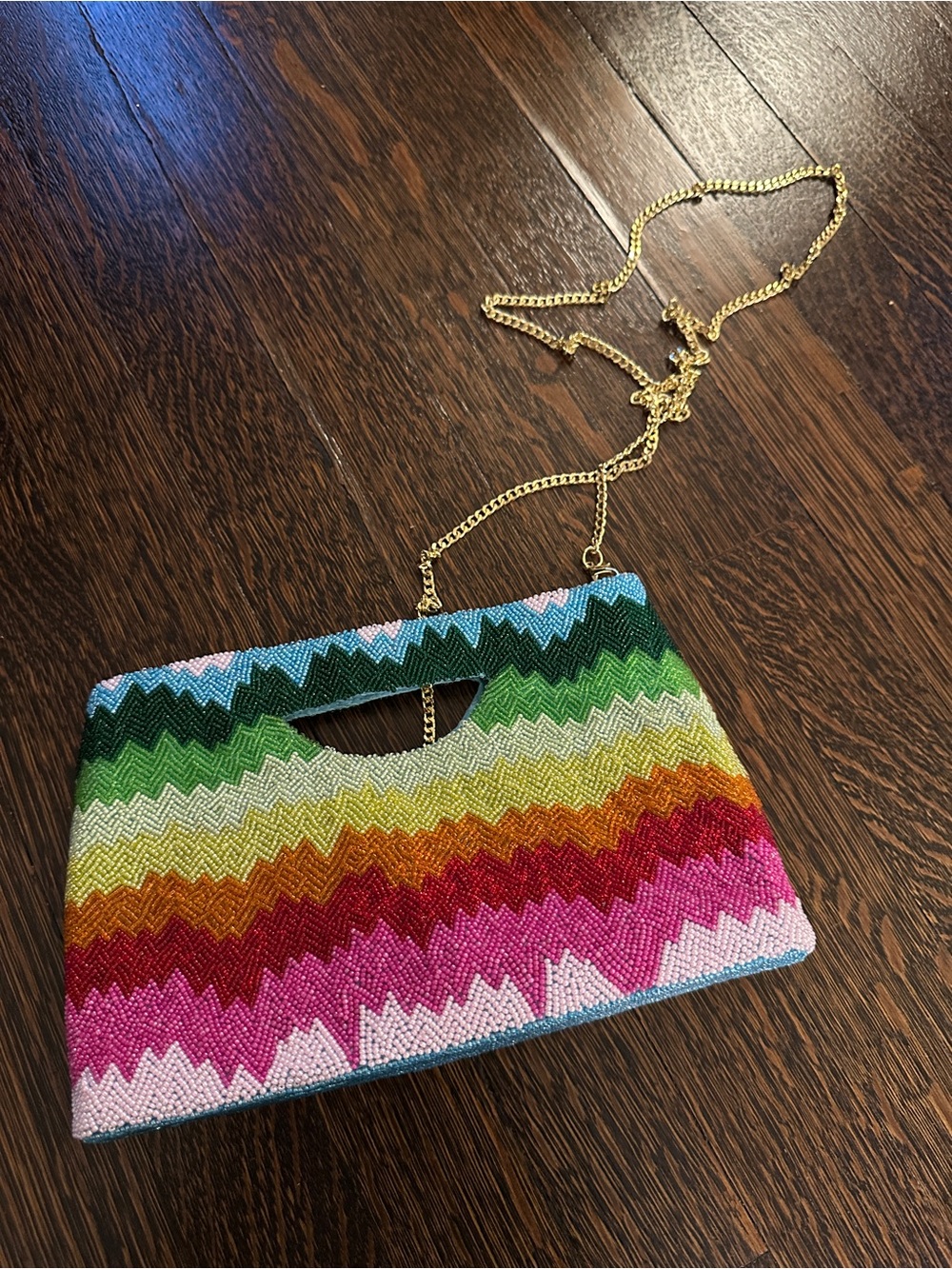 Multicolor Rainbow Zigzag Fully Beaded Women's Clutch with Gold Chain